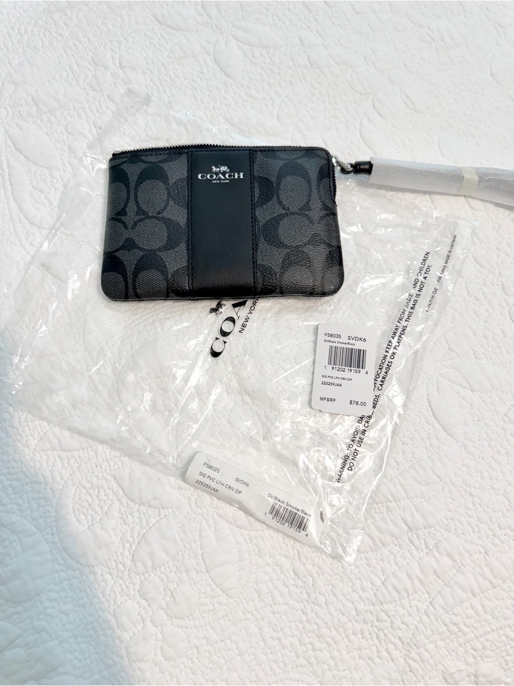 New Coach Signature PVC Leather Zip Wallet Wristlet Black On Black F58035